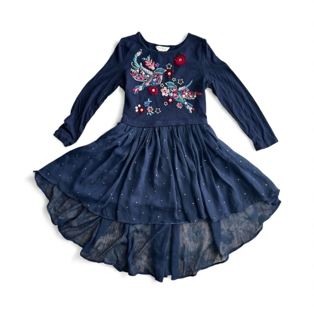Monsoon Midnight Blue Floral Embroidered girls high low Dress Sz 5-6 years - Picture 1 of 7